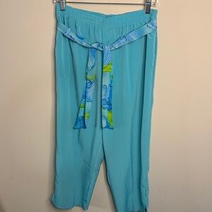 Aqua Pleated Wide-Leg Pants with Floral Sash Tie